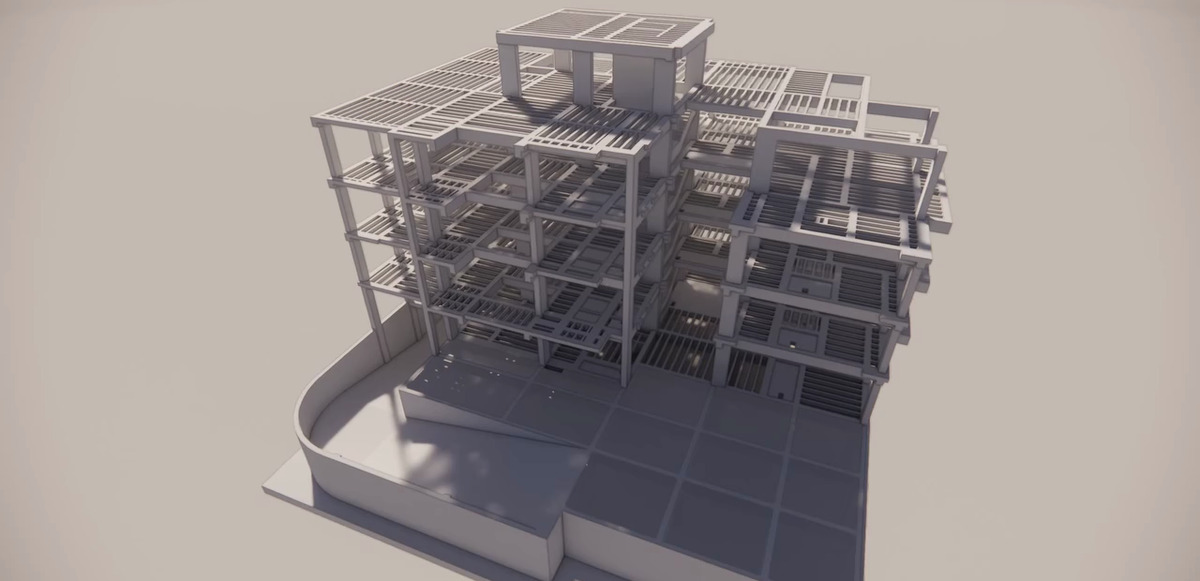3D structural frame model of a multi-storey reinforced concrete building